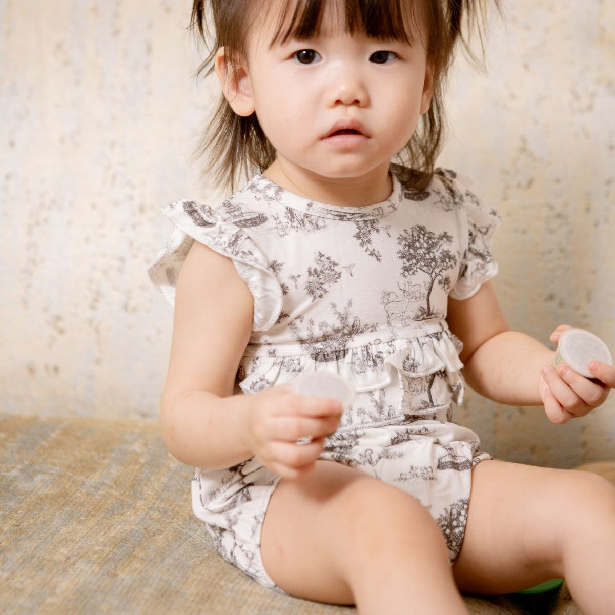 House of Holly Cap Sleeve Ruffle Romper - Garden Toile (Noir) - 4 Sizes