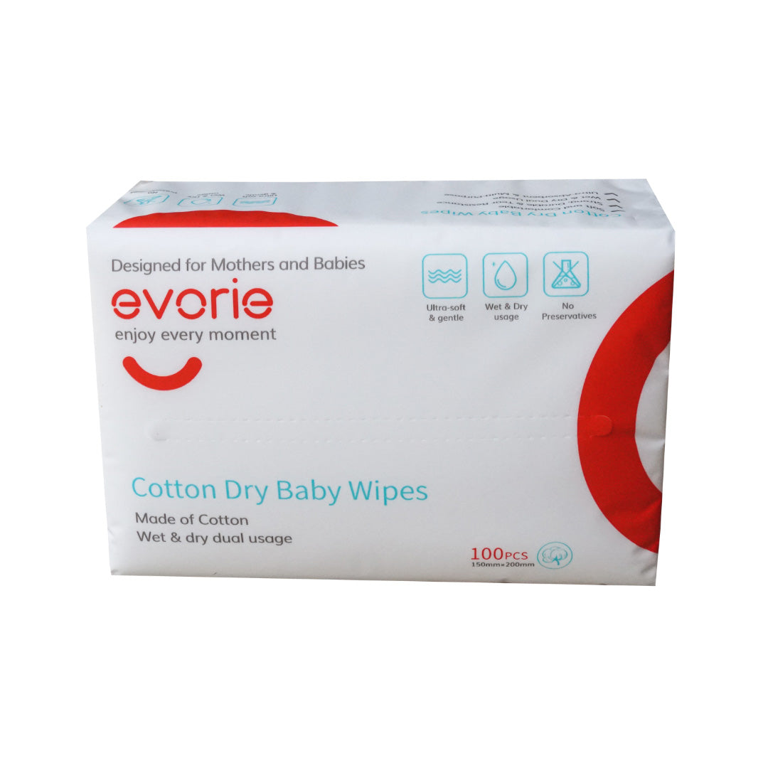 Evorie Premium Cotton Dry Baby Wipes (100 pcs) - Exp 03/28