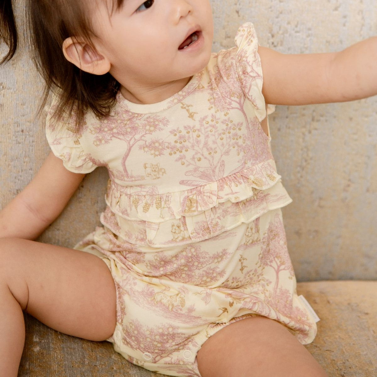 House of Holly Cap Sleeve Ruffle Romper - Fruit Toile (Yellow) - 4 Sizes