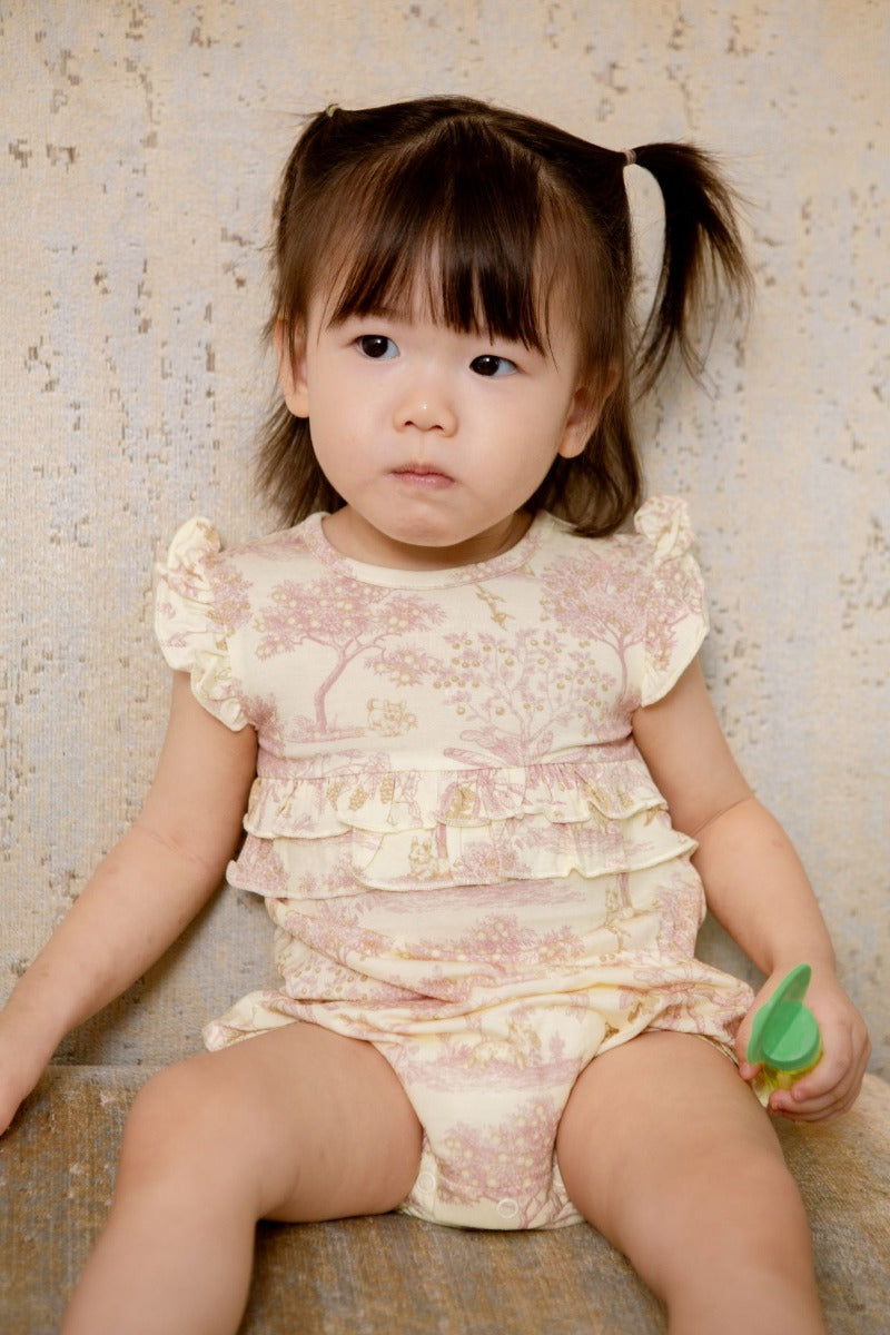 House of Holly Cap Sleeve Ruffle Romper - Fruit Toile (Yellow) - 4 Sizes