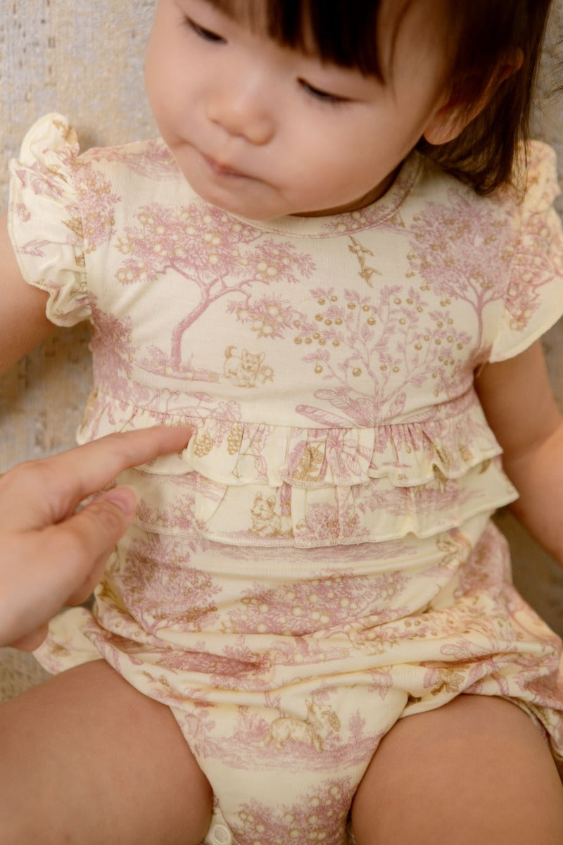 House of Holly Cap Sleeve Ruffle Romper - Fruit Toile (Yellow) - 4 Sizes
