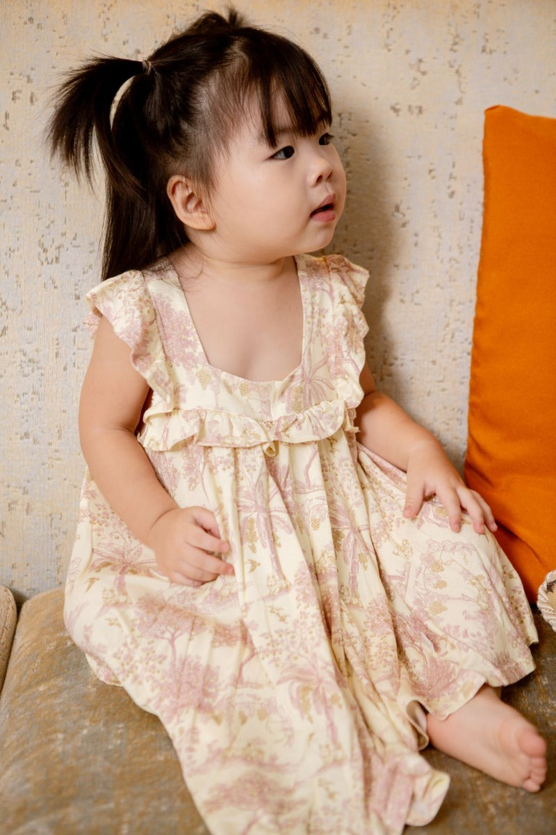 House of Holly Cap Sleeve Ruffle Dress - Fruit Toile (Yellow) - 2-3 years