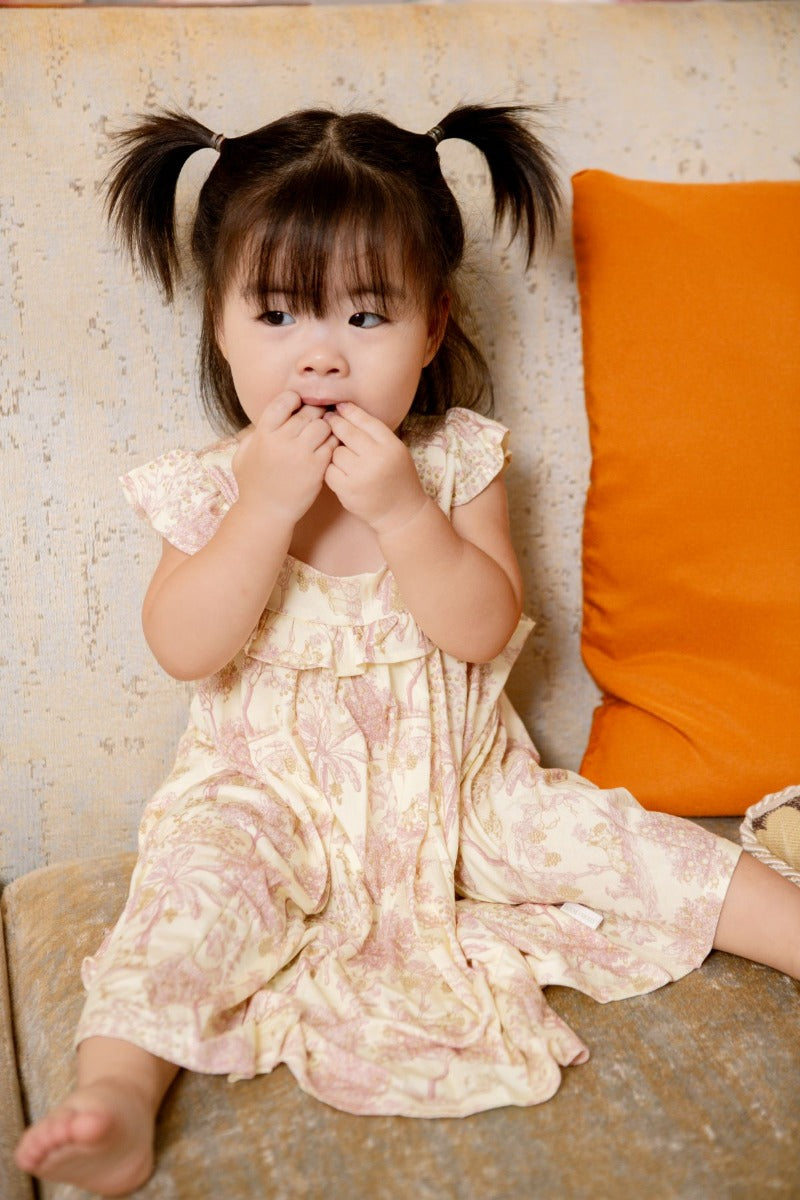 House of Holly Cap Sleeve Ruffle Dress - Fruit Toile (Yellow) - 2-3 years