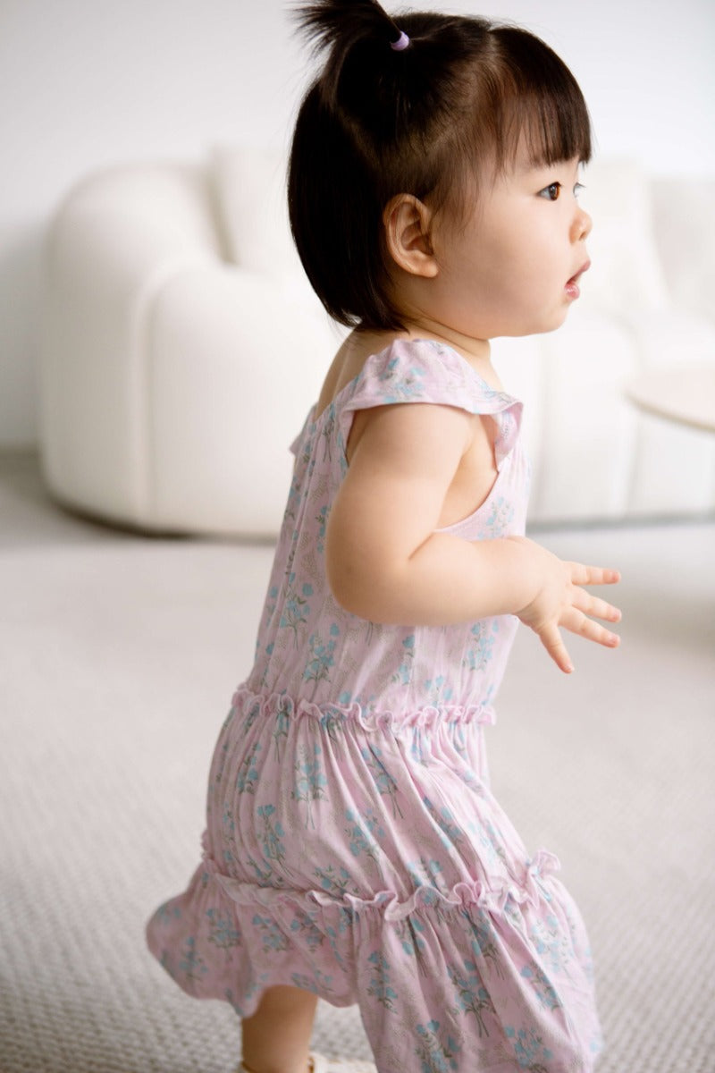 House of Holly Tiered Dress Romper - Victorian (Blue Posies) in Pink (3 Sizes)