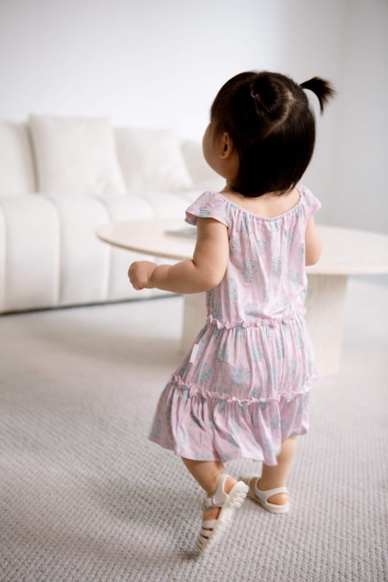 House of Holly Tiered Dress Romper - Victorian (Blue Posies) in Pink (3 Sizes)