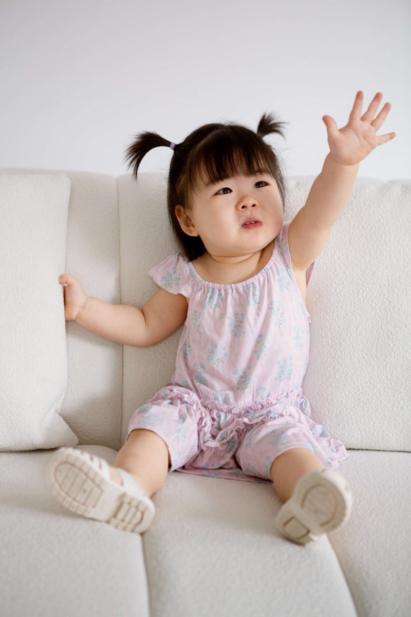 House of Holly Tiered Dress Romper - Victorian (Blue Posies) in Pink (3 Sizes)