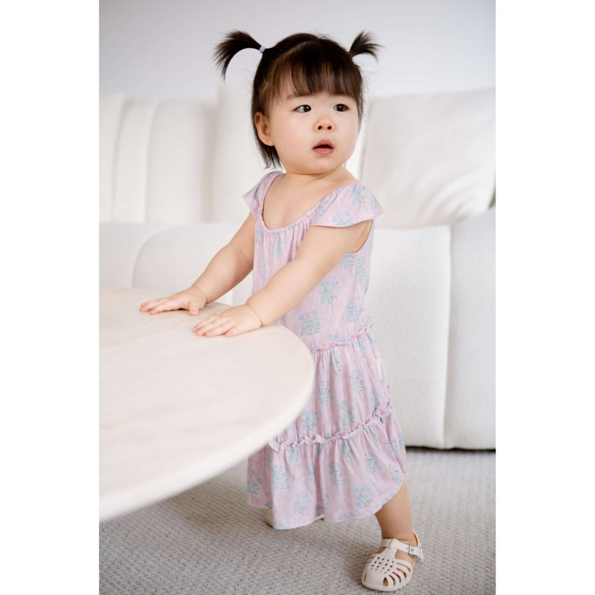 House of Holly Tiered Dress Romper - Victorian (Blue Posies) in Pink (3 Sizes)