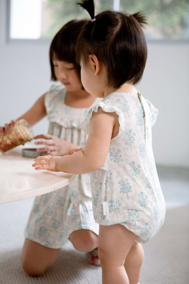 House of Holly Cap Sleeve Ruffle Romper - Victorian (Blue Posies) in White (5 Sizes)