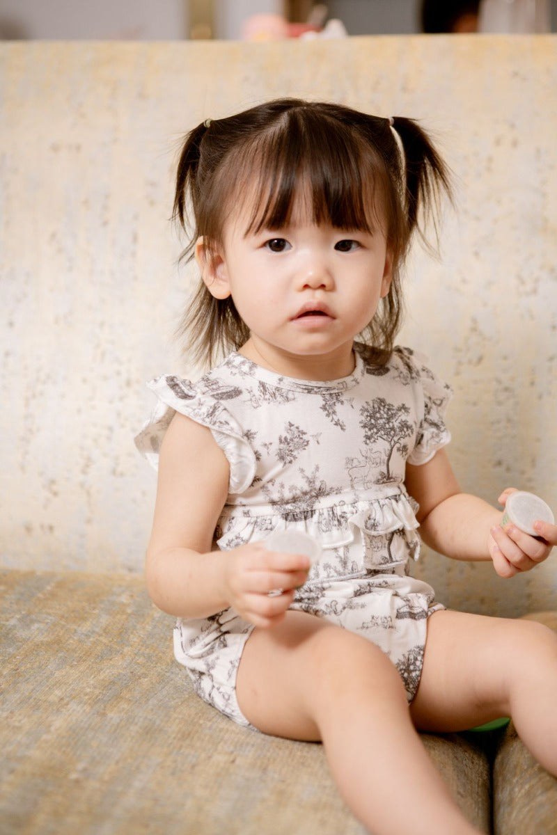 House of Holly Cap Sleeve Ruffle Romper - Garden Toile (Noir) - 4 Sizes