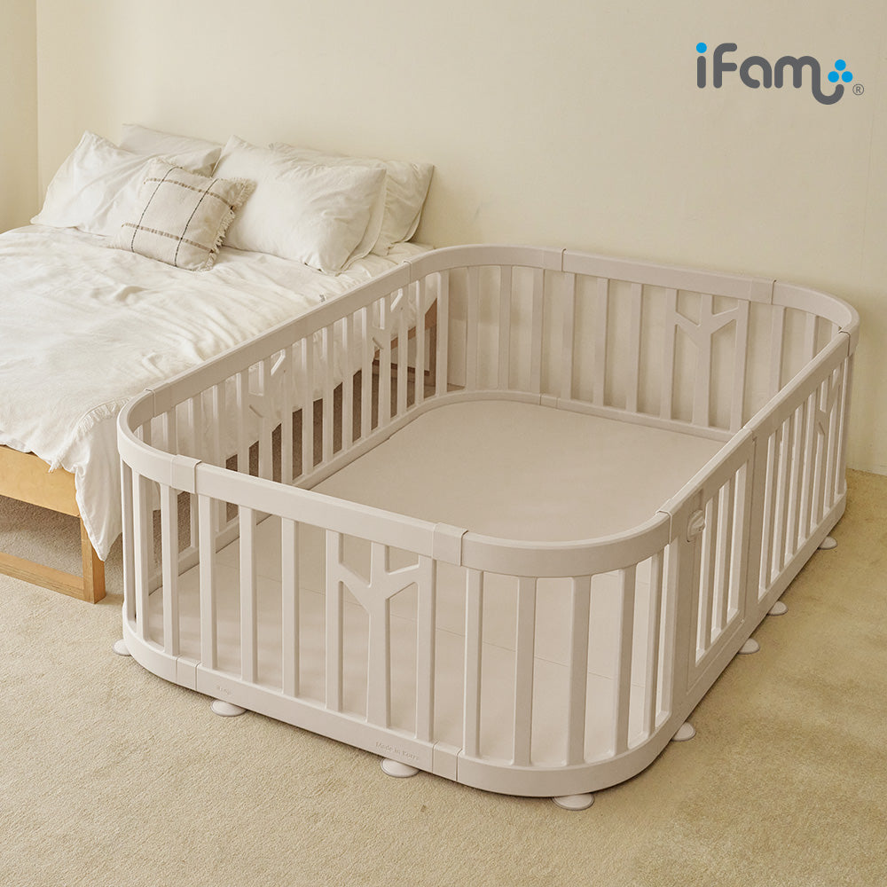 IFAM Birch Round Baby Play Yard & Round Reversible Folder Mat Set - Beige/White