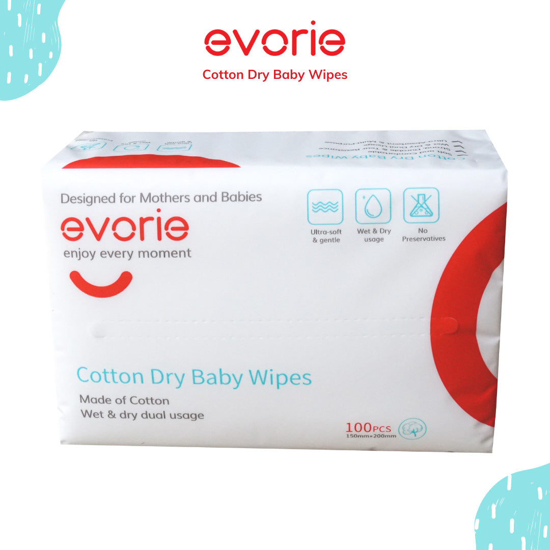 Evorie Premium Cotton Dry Baby Wipes (100 pcs) - Exp 03/28