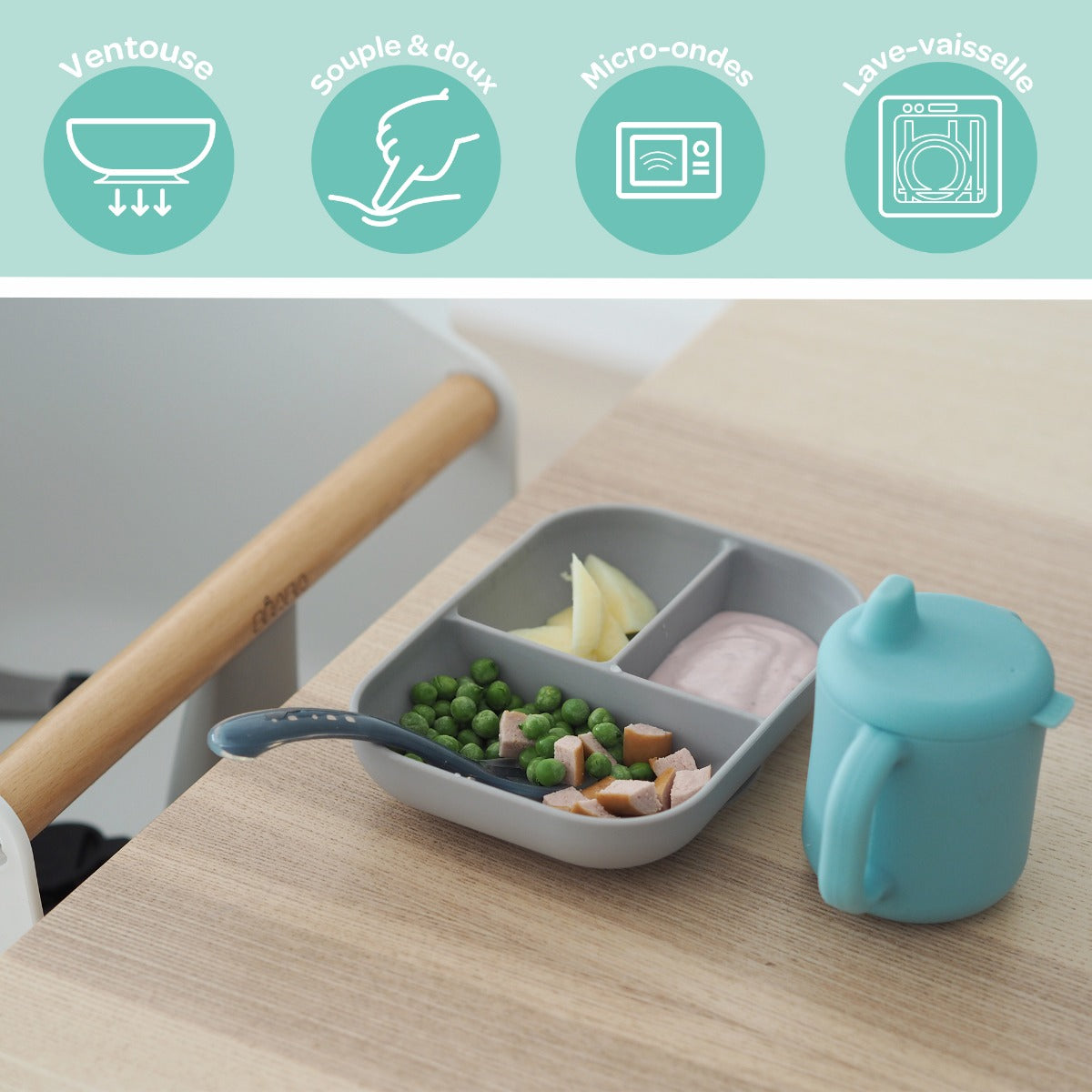 Beaba Silicone Learning Feeding Set - Grey/Blue