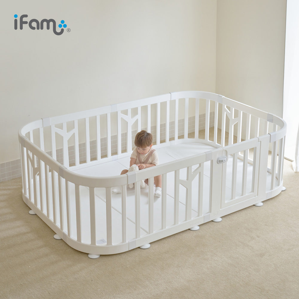 IFAM Birch Round Baby Play Yard & Round Reversible Folder Mat Set - Beige/White