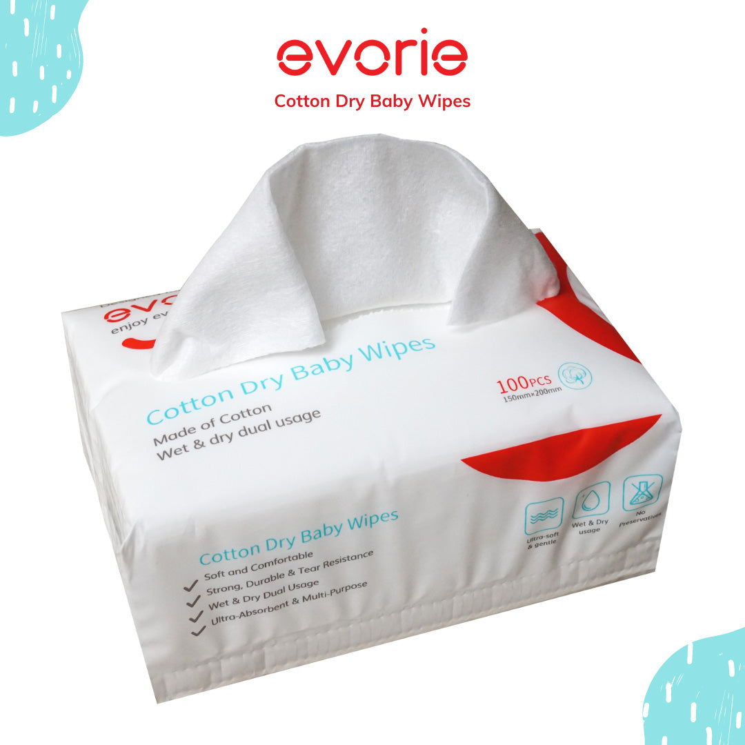 Evorie Premium Cotton Dry Baby Wipes (100 pcs) - Exp 03/28