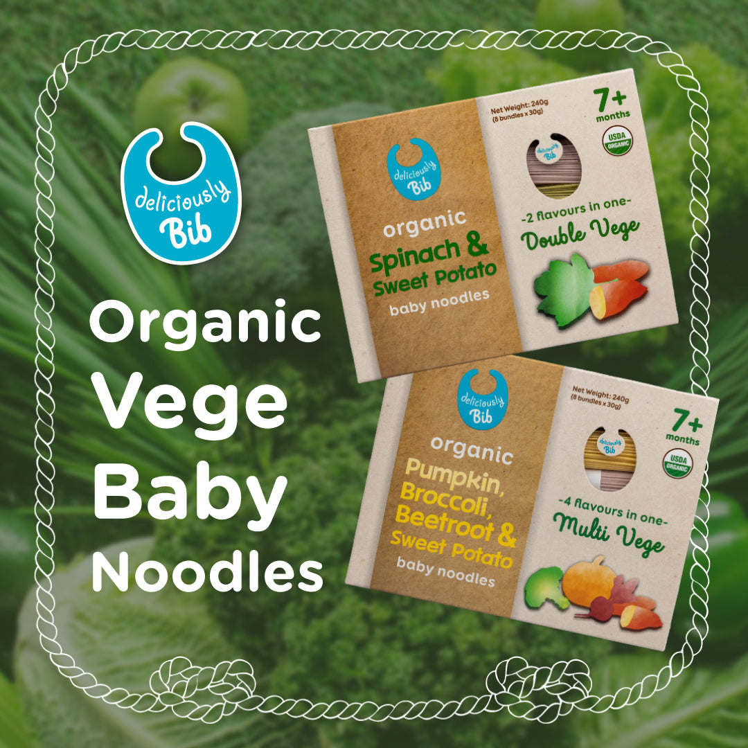 Deliciously Bib Organic Baby Noodles, 8 x 30g  - Multi Vege: Pumpkin, Broccoli, Beetroot & Sweet Potato (Exp 08/27)