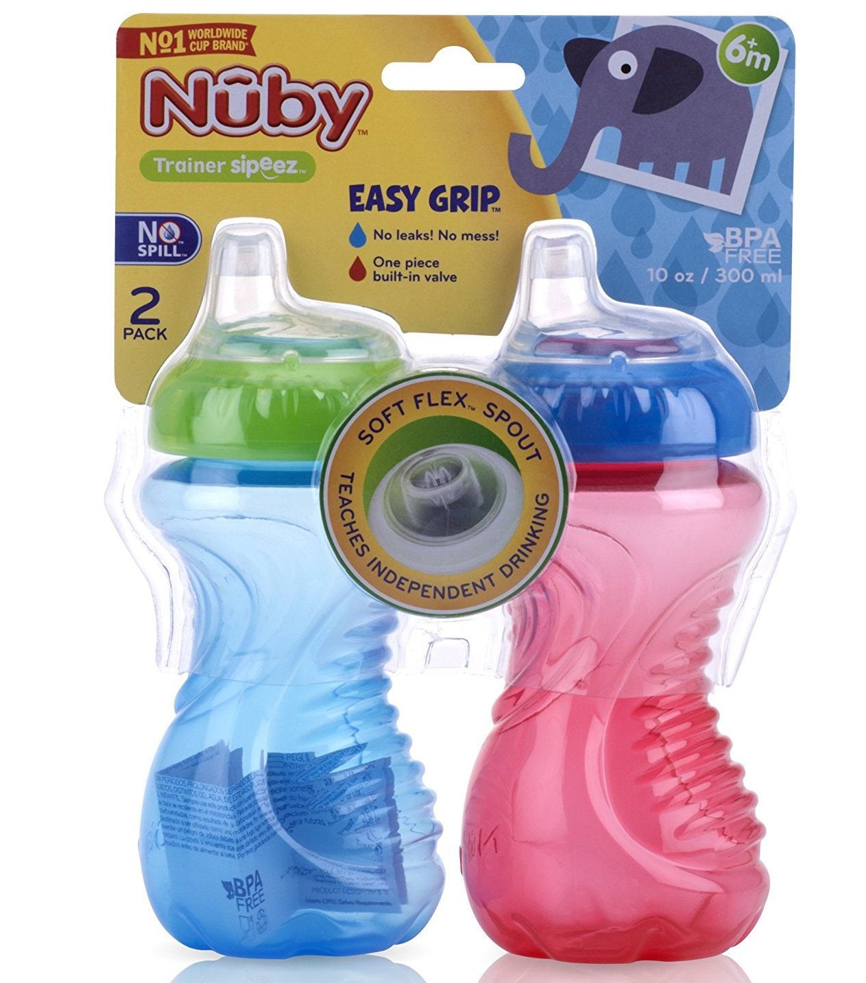 Nuby No-Spill Gripper Cups, 2 Pk, 300ml - Blue/Red