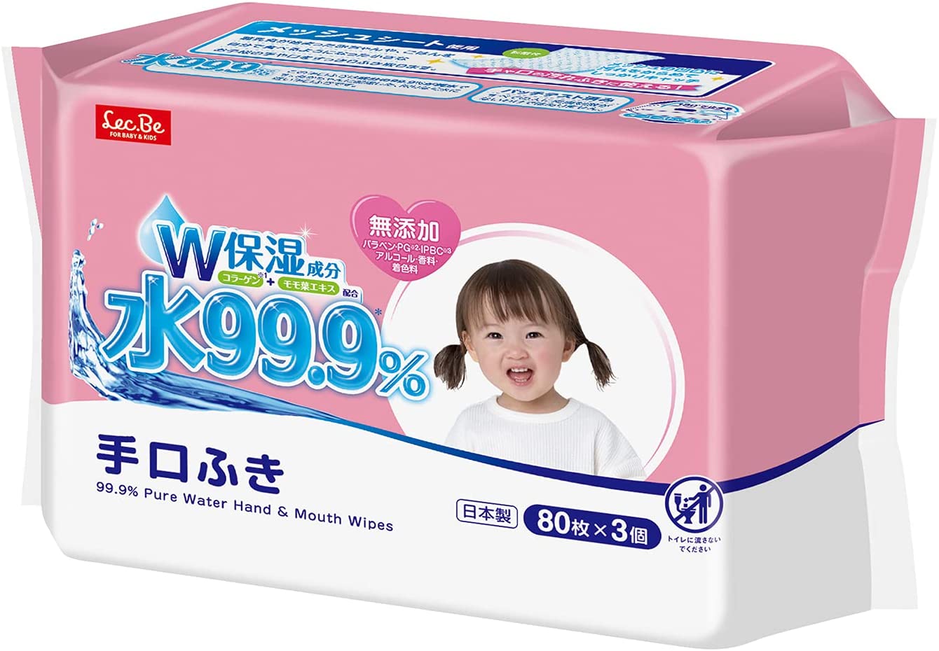 LEC 99.9% Pure Water Hand & Mouth Wet Wipes, 3x80=240pc