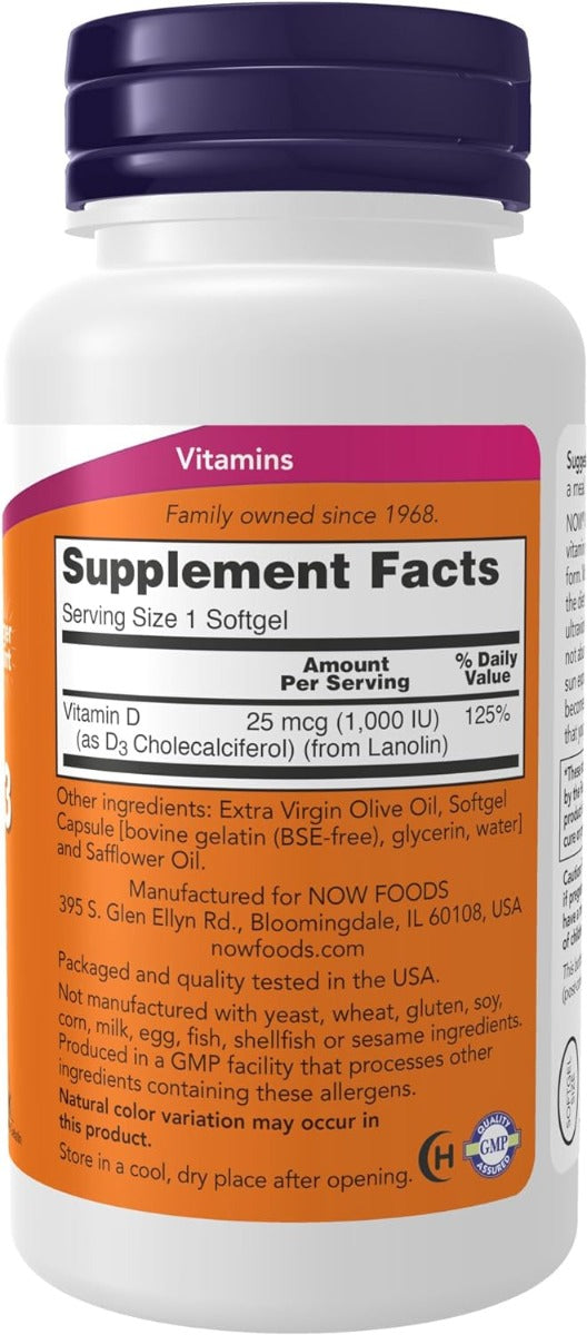NOW Foods Vitamins D-3 1000 IU, 360 Soft Gels (Exp 10/27)