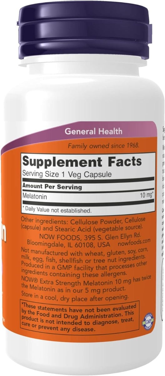 NOW Foods Melatonin Extra Strength 10mg, 100 Veg Capsules (Exp 06/28)