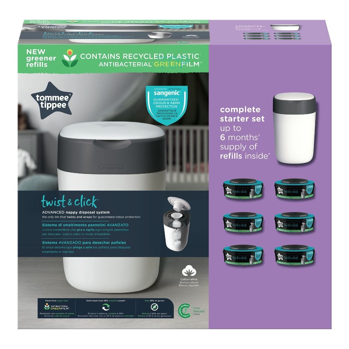 Tommee Tippee Sangenic Twist & Click Advanced Diaper Disposal Bin (6 casettes) - White