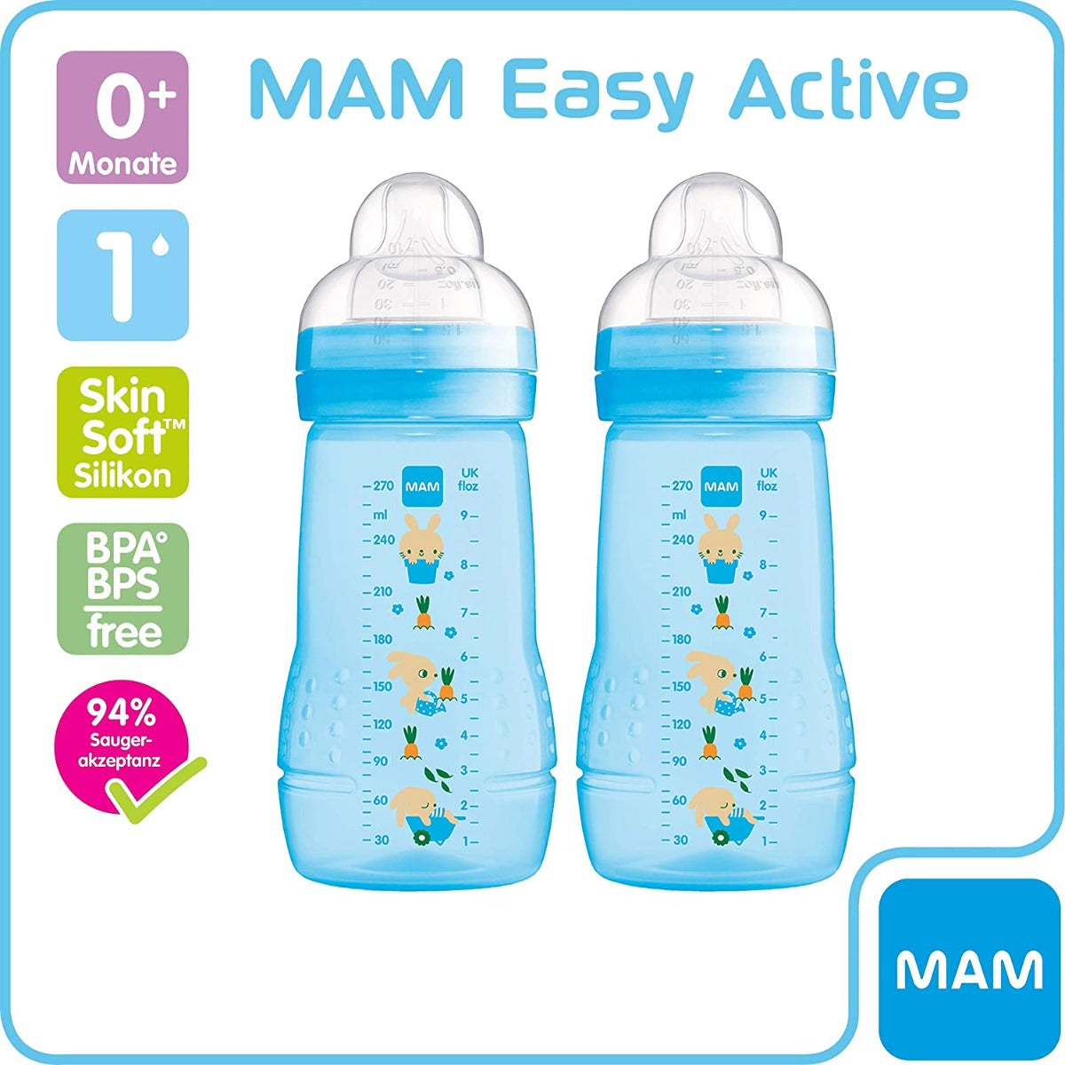 MAM Easy Active Baby Bottle, 2 x 270ml (3 Assorted Colours)