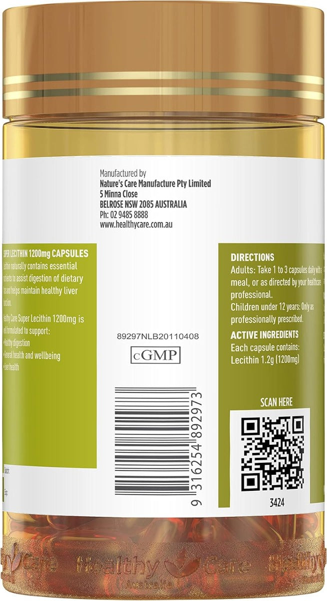 Healthy Care Super Lecithin 1200mg, 100 Capsules (Exp 05/27)