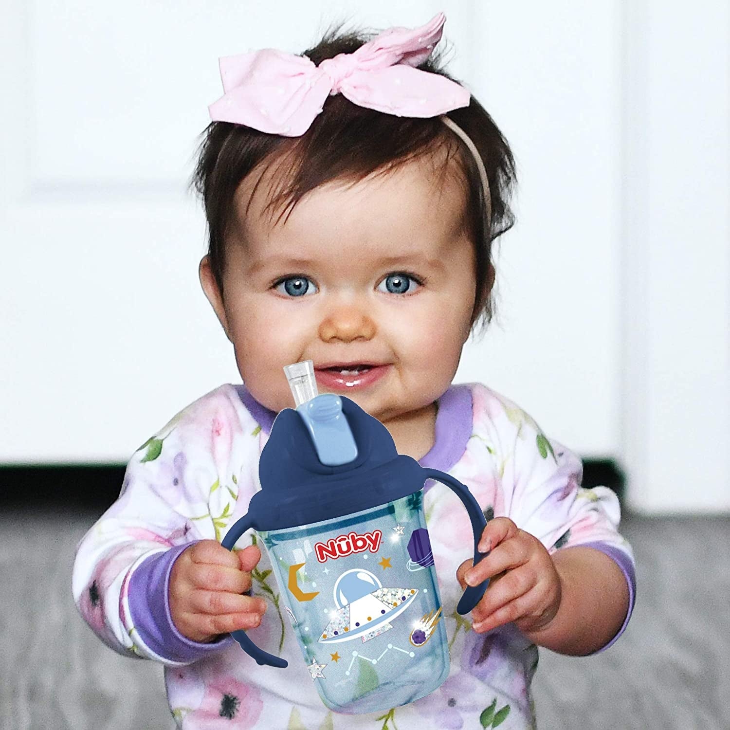 Nuby 2 Handles No-Spill Flip-it Tritan Weighted Straw Cup, 240ml - Glitter Prints