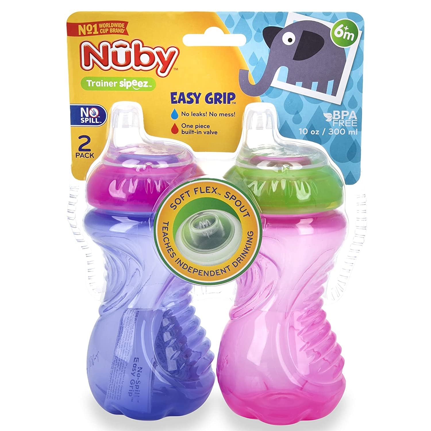 Nuby No-Spill Gripper Cups, 2 Pk, 300ml - Pink/Purple