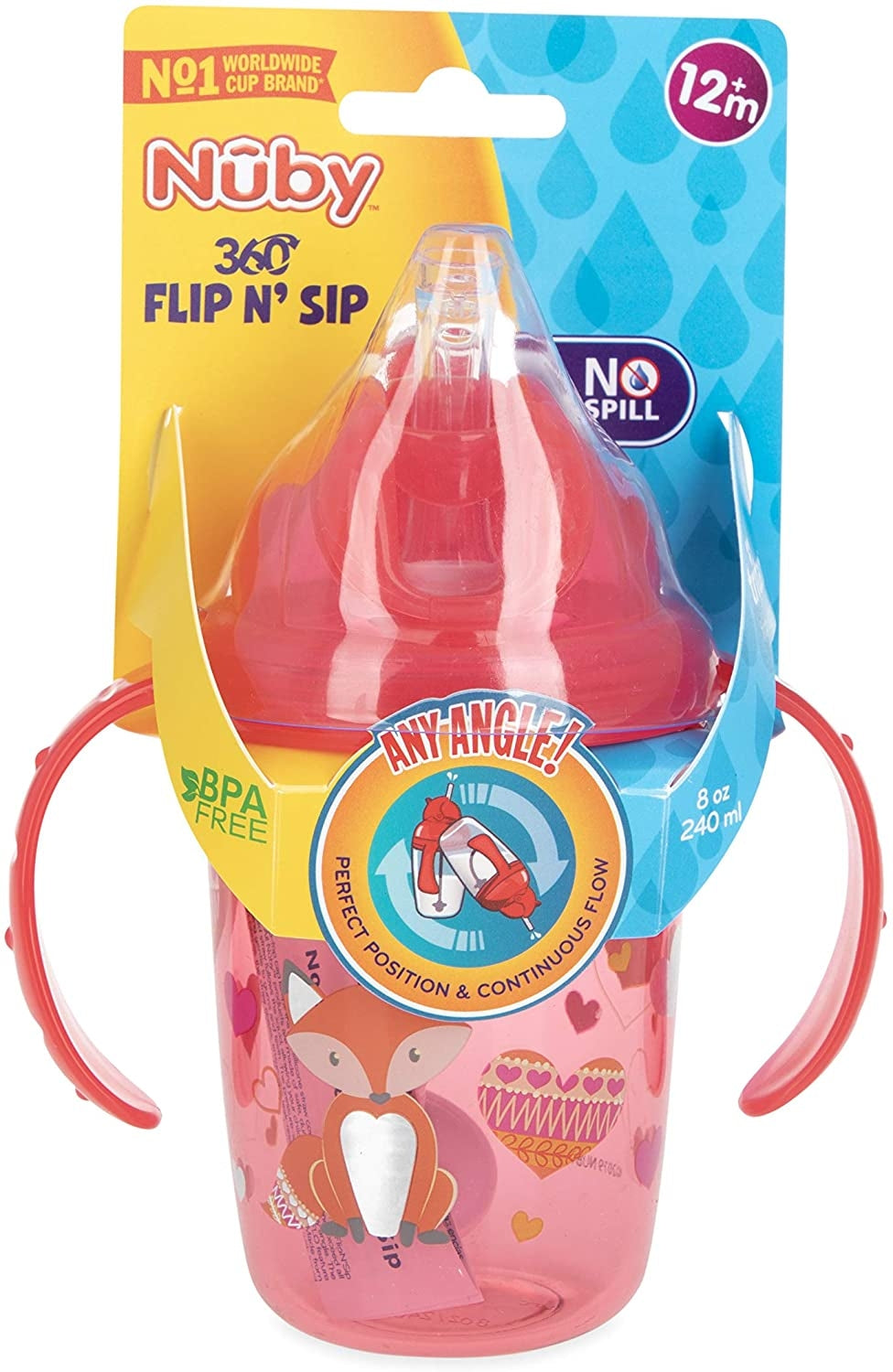 Nuby 2 Handles No-Spill Flip-it Tritan Weighted Straw Cup, 240ml - Glitter Prints