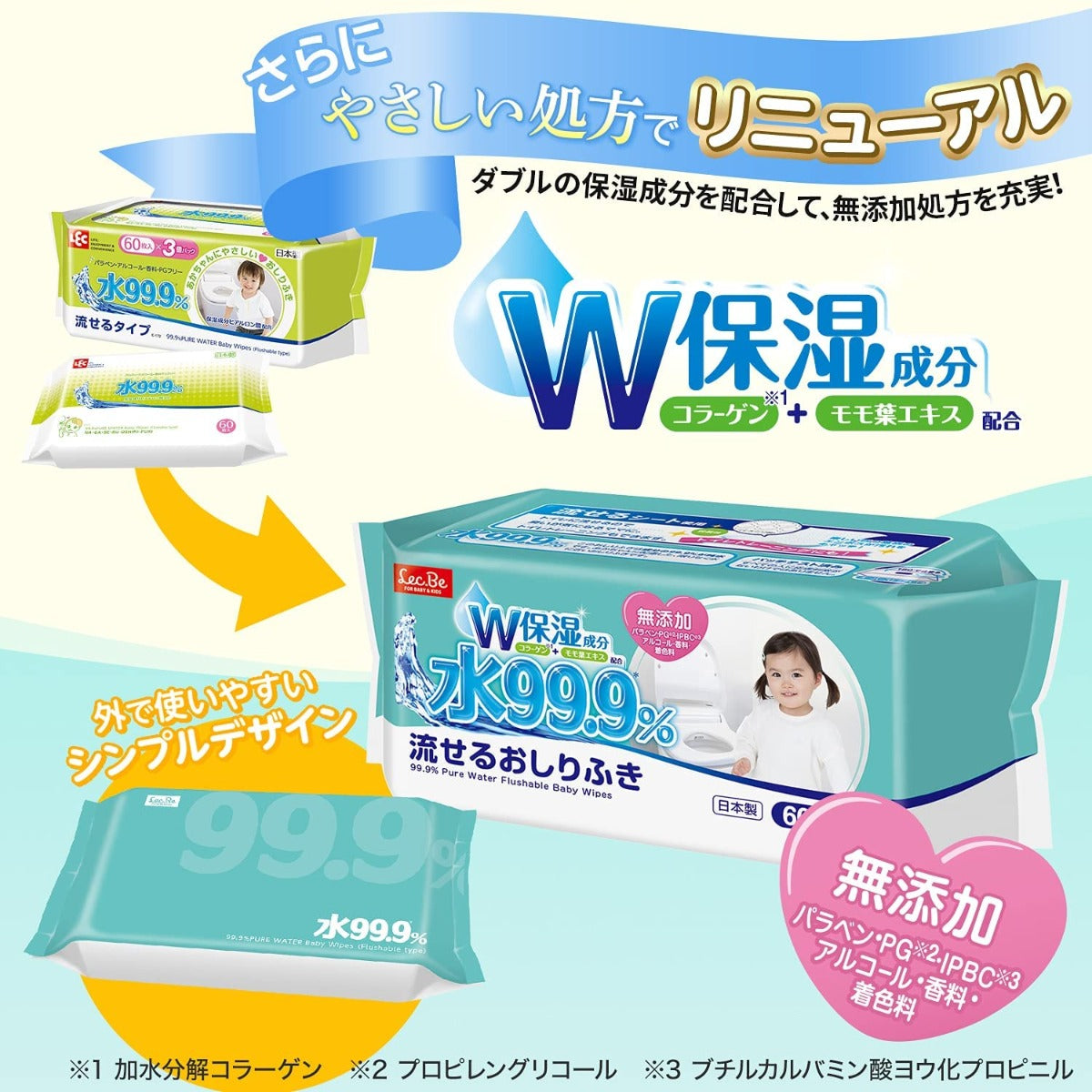 LEC 99.9% Pure Water Flushable Wet Wipes, 3x60=180pc