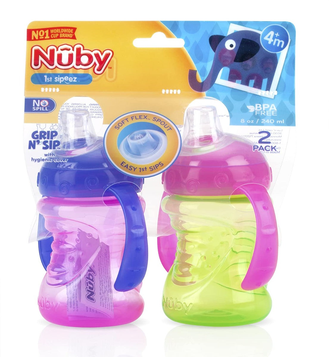 Nuby No-Spill Grip N' Sip Cup, 8oz (2pk) - Pink/Purple