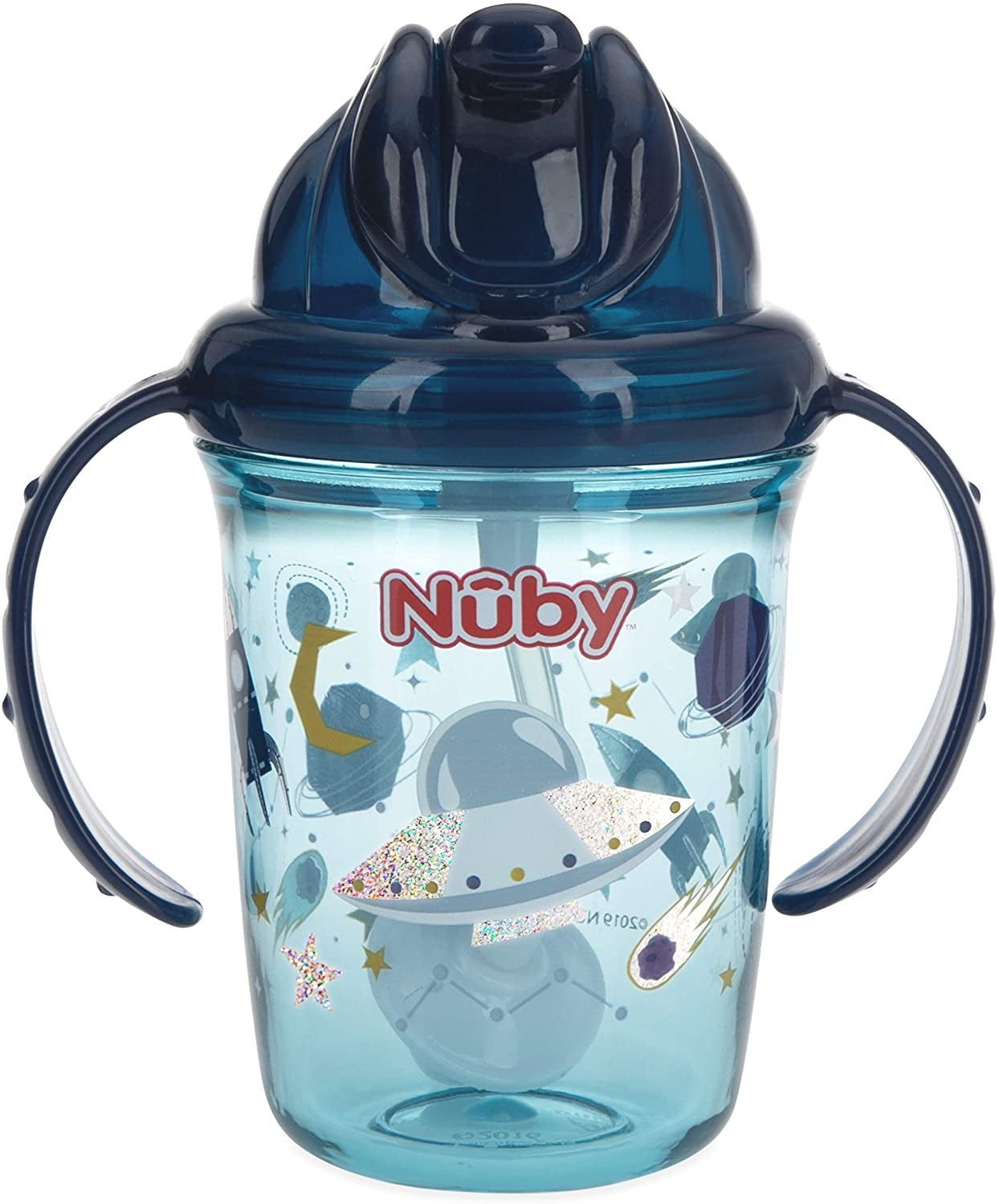 Nuby 2 Handles No-Spill Flip-it Tritan Weighted Straw Cup, 240ml - Glitter Prints