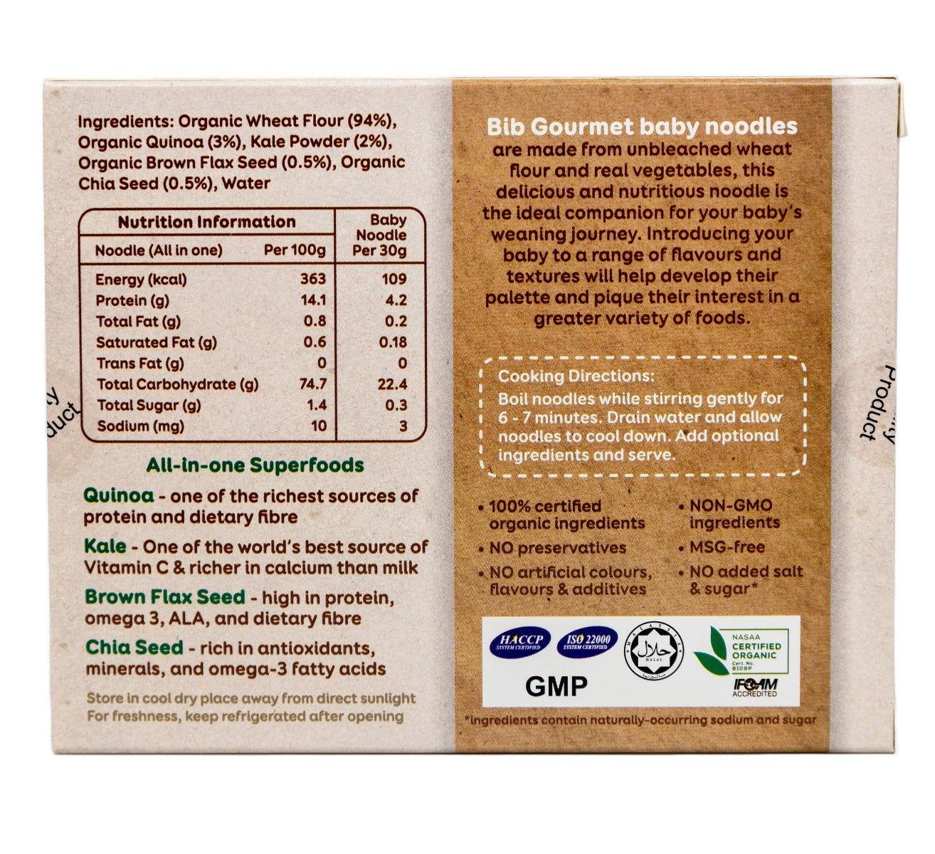 Deliciously Bib Organic Baby Noodles, 8 x 30g  - Superfood: Quinoa, Kale, Flax Seed & Chia Seed (Exp 04/27)