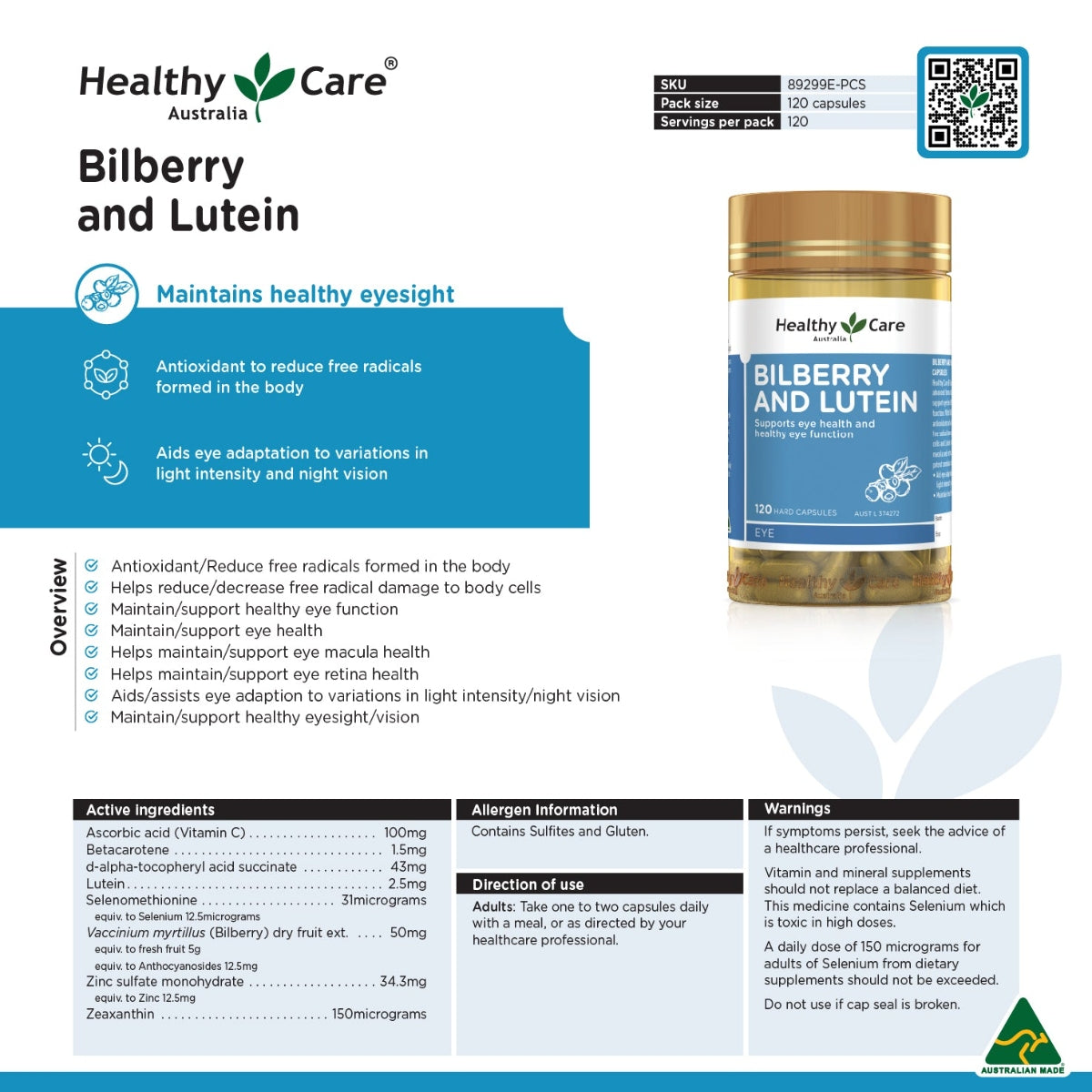Healthy Care Billberry & Lutein, 120 Capsules (Exp 07/27)
