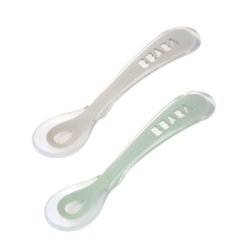 Beaba Ergonomic 2nd Age Ergonomic Silicone Spoon, 2pk - Grey/Sage Green