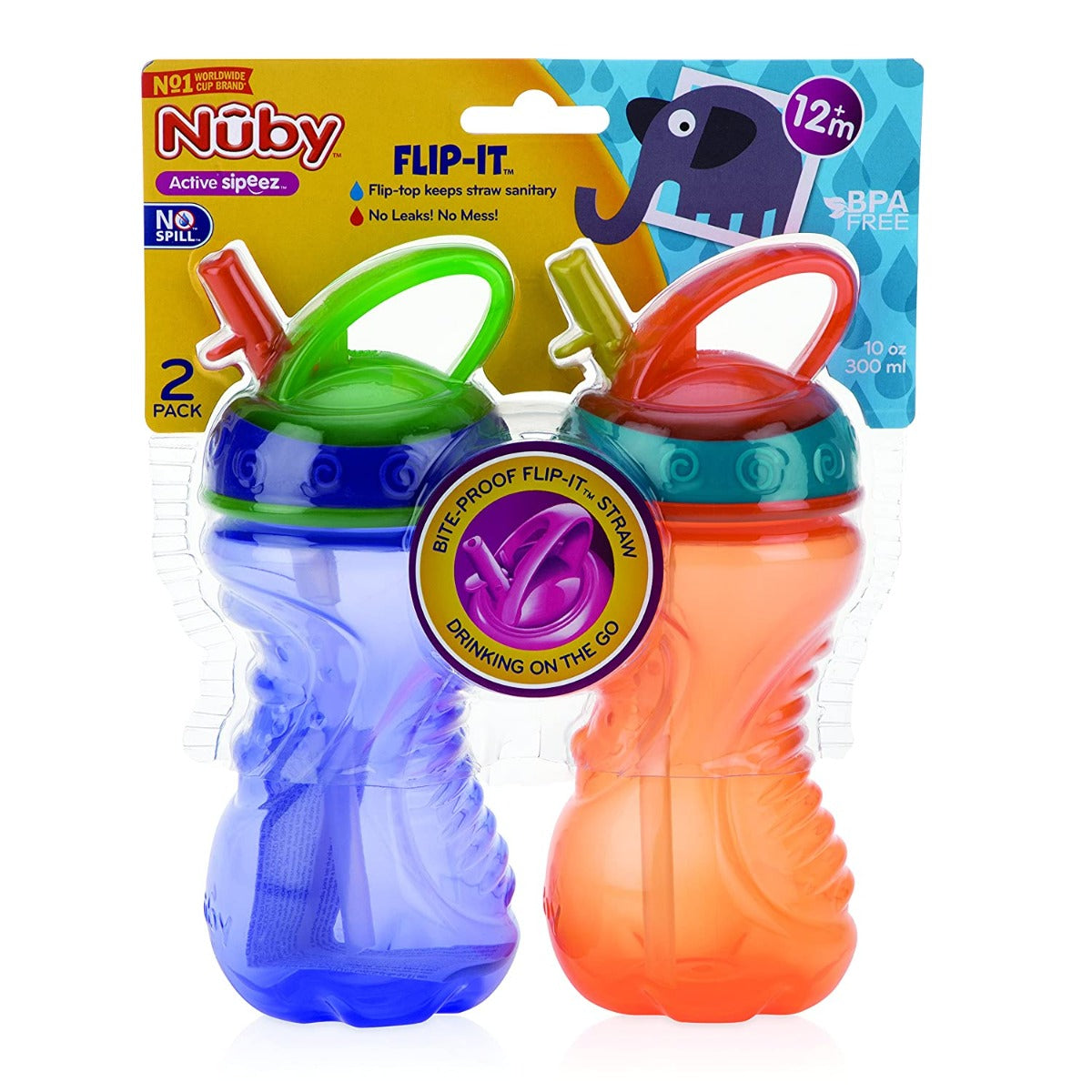 Nuby No-Spill Flip-It Straw Bottle, 10oz (2pk) - Assorted Colours