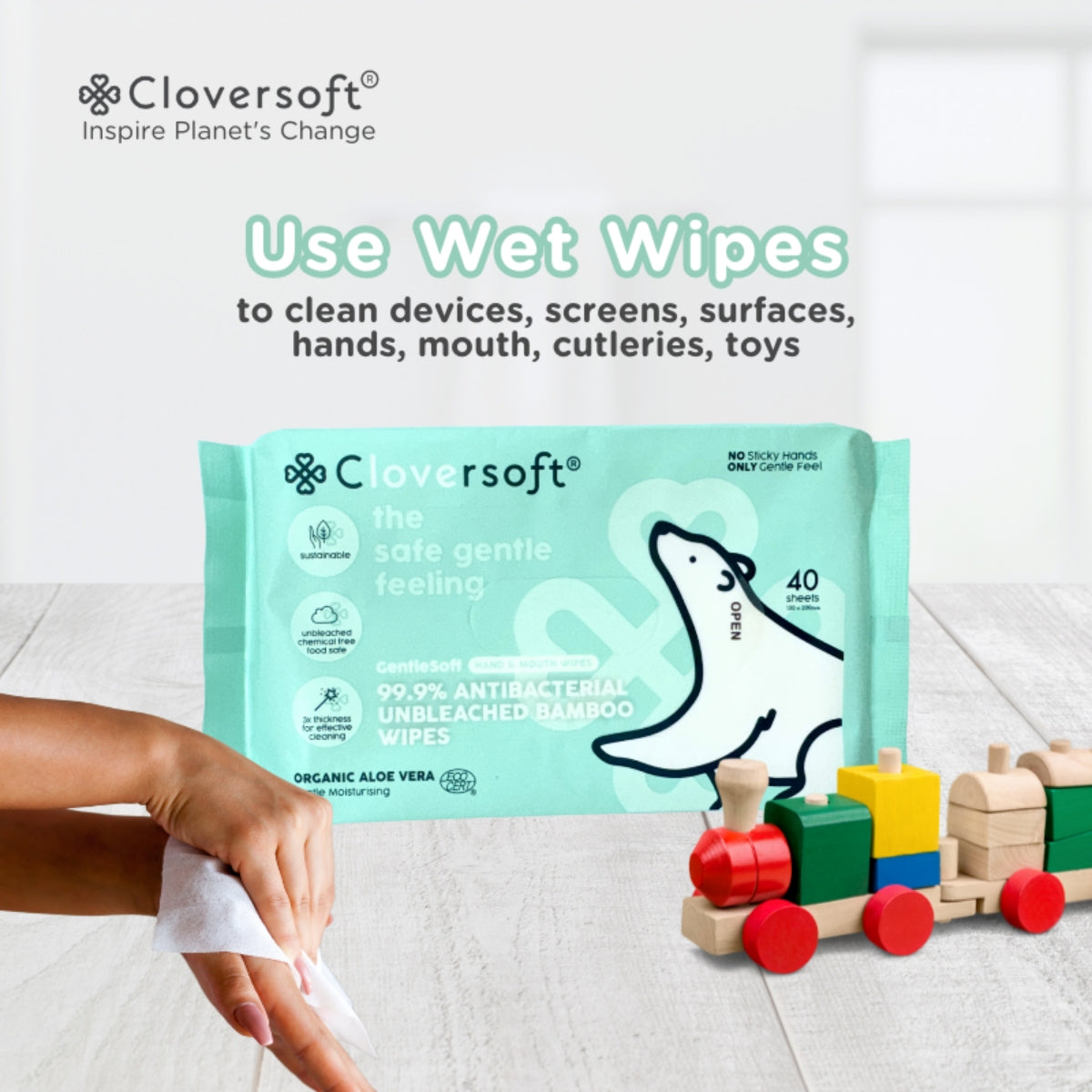 Cloversoft Plant-Based Unbleached Bamboo Organic Antibacterial Wipes (10pks x 40 sheets) - Exp 03/28