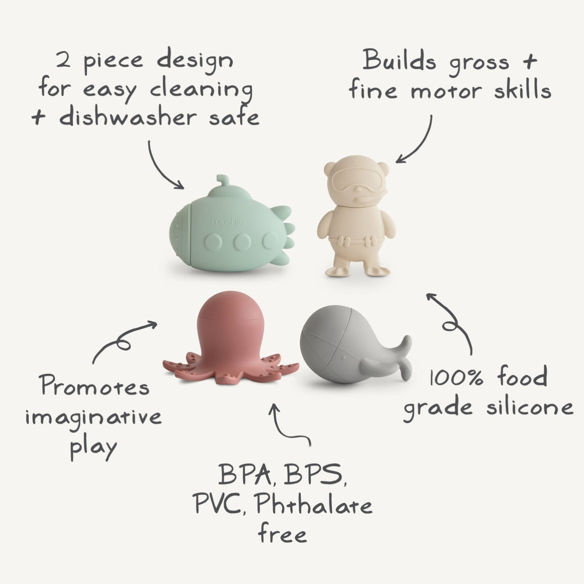 Mushie Mold Free Bath Play Set, 4pcs (3 Designs)