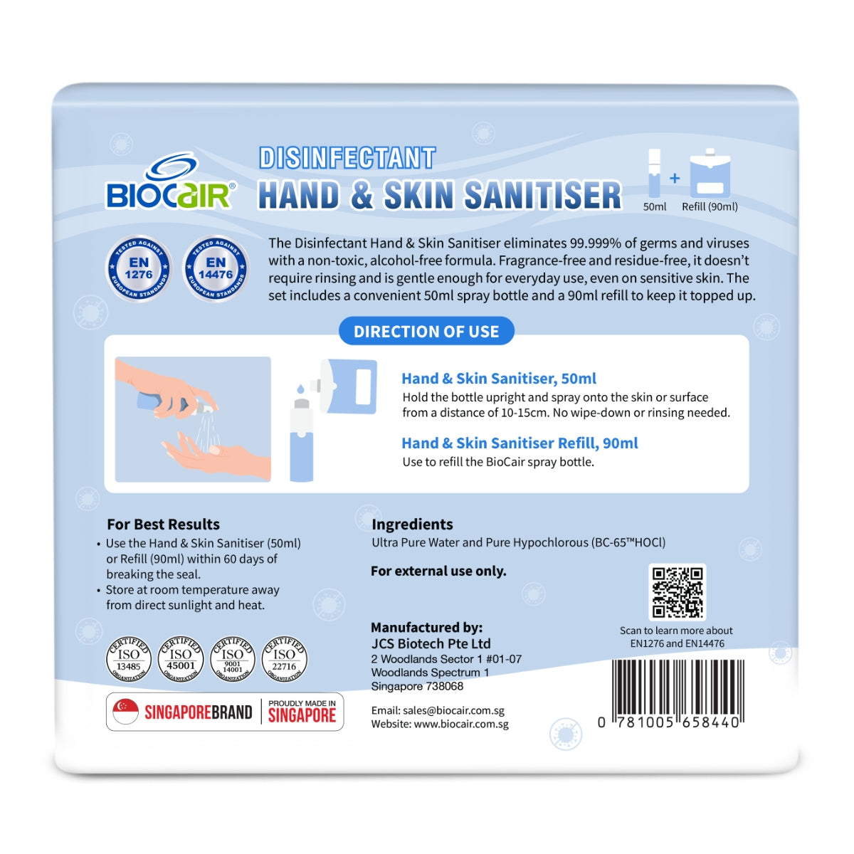 BioCair Disinfectant Hand & Skin Sanitiser Set, 50ml + 90ml Refill (Exp 05/26)