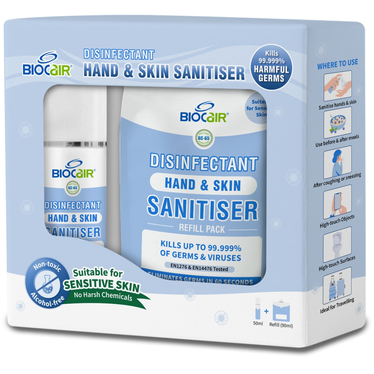 BioCair Disinfectant Hand & Skin Sanitiser Set, 50ml + 90ml Refill (Exp 05/26)