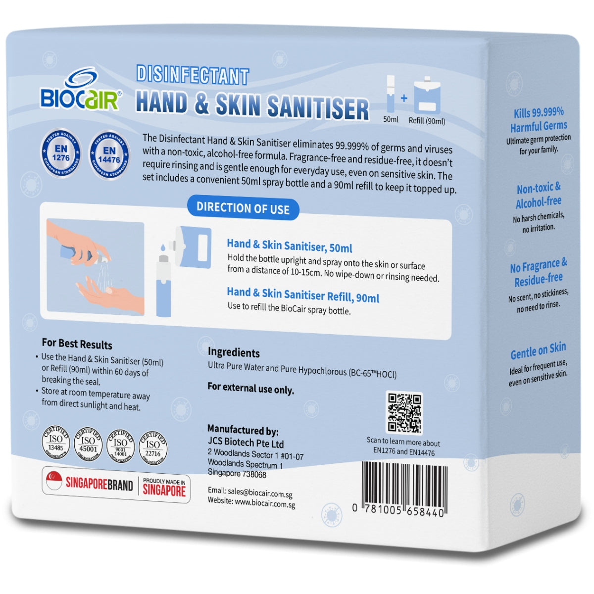 BioCair Disinfectant Hand & Skin Sanitiser Set, 50ml + 90ml Refill (Exp 05/26)