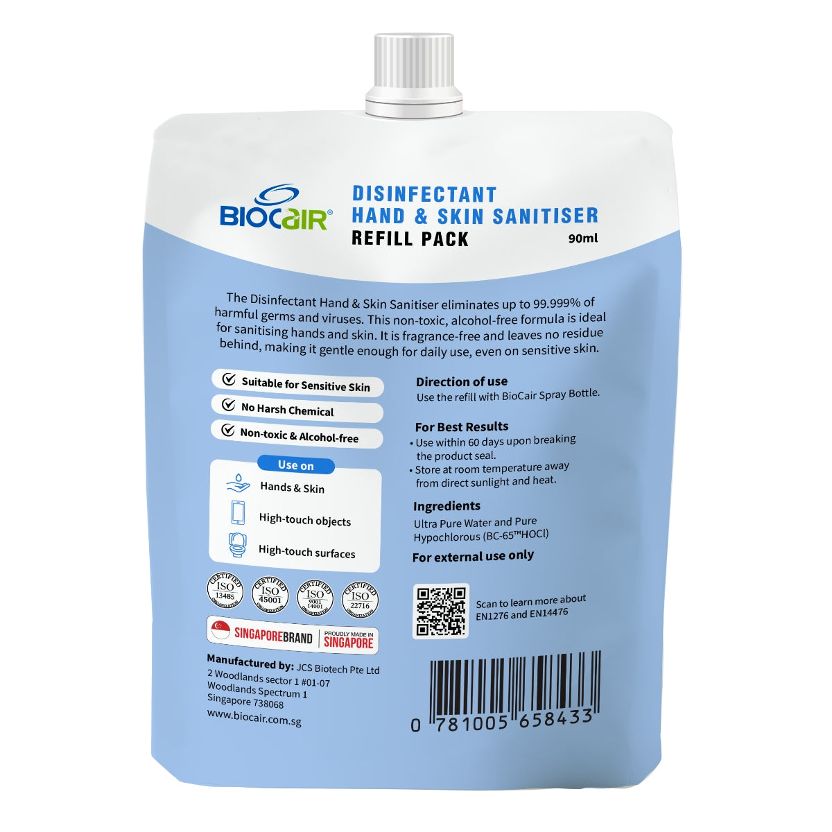 BioCair Disinfectant Hand & Skin Sanitiser Set, 50ml + 90ml Refill (Exp 05/26)