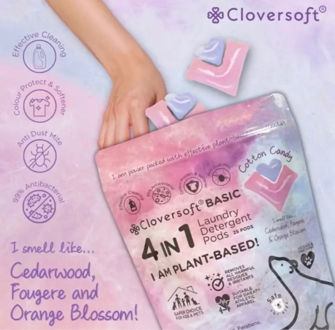 Cloversoft 4-in-1 Basic Plant-based Laundry Pods, 25 Pods - Cotton Candy (Exp 11/26)