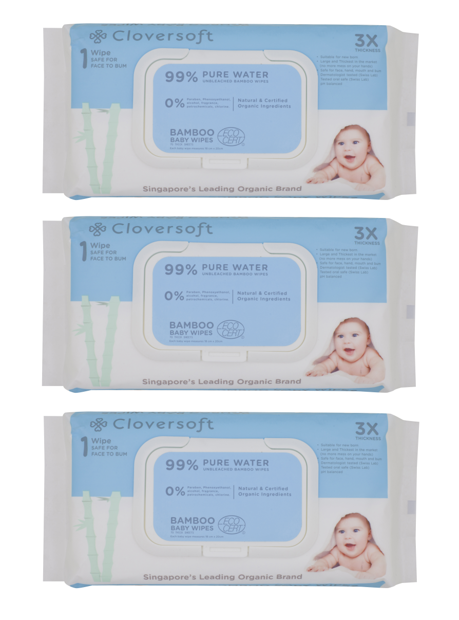 Cloversoft Unbleached Bamboo Organic Pure Water Baby Wipes (3 x 70 sheets) - Exp 04/28