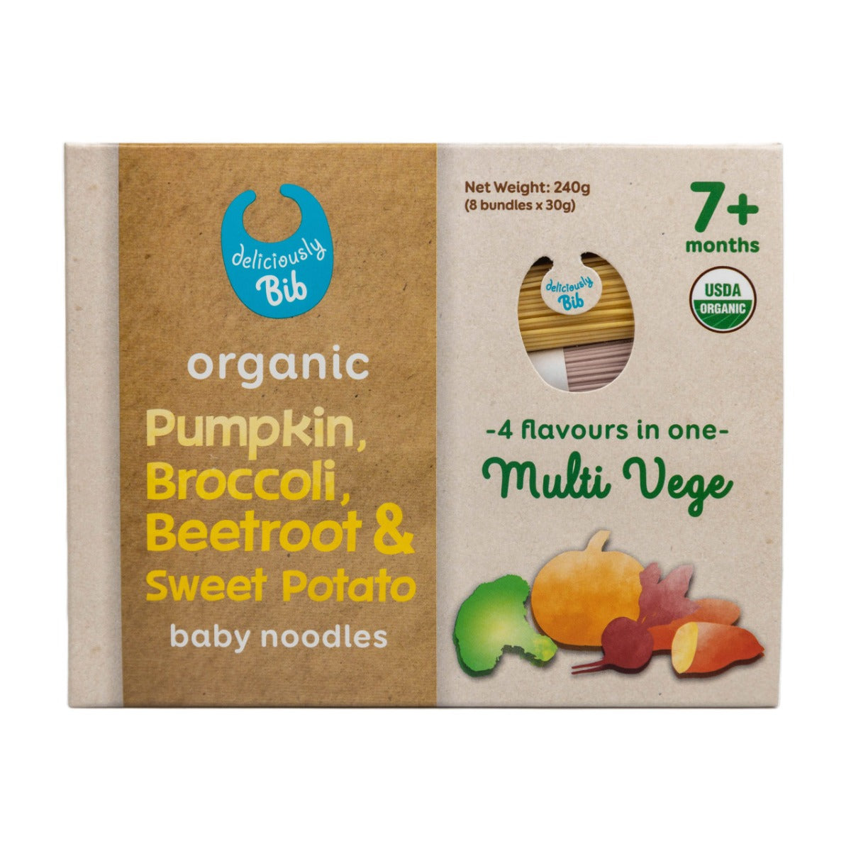 Deliciously Bib Organic Baby Noodles, 8 x 30g  - Multi Vege: Pumpkin, Broccoli, Beetroot & Sweet Potato (Exp 08/27)