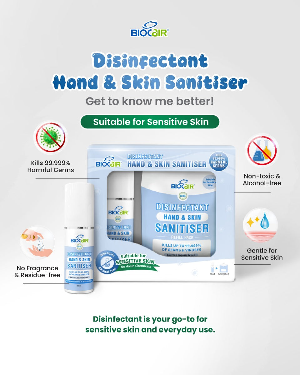 BioCair Disinfectant Hand & Skin Sanitiser Set, 50ml + 90ml Refill (Exp 05/26)