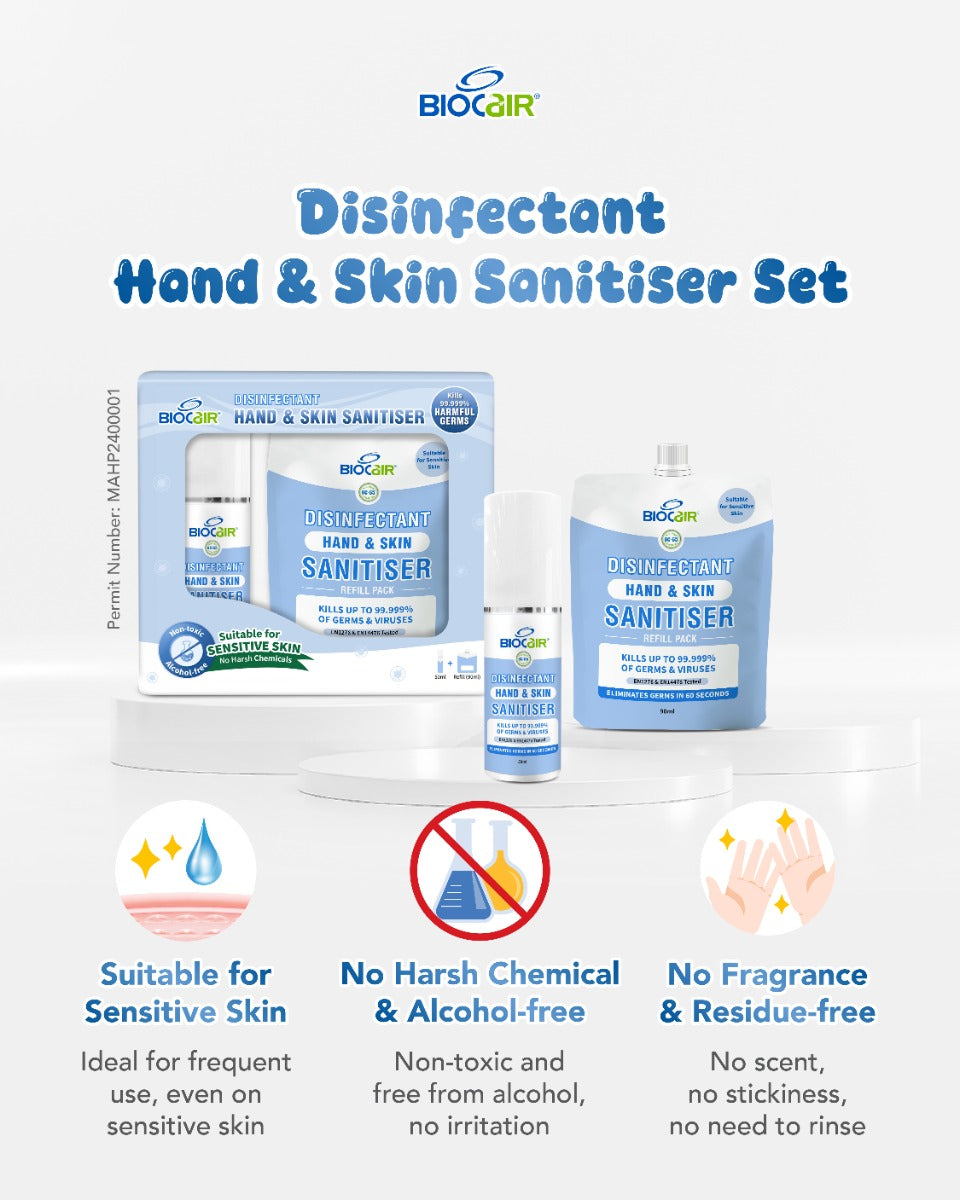 BioCair Disinfectant Hand & Skin Sanitiser Set, 50ml + 90ml Refill (Exp 05/26)