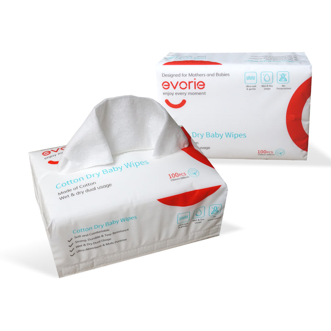 Evorie Premium Cotton Dry Baby Wipes (100 pcs) - Exp 03/28