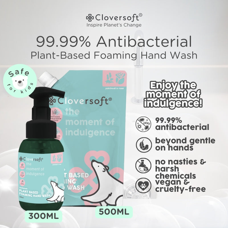 Cloversoft 99.99% Antibacterial Foaming Hand Wash Bottle, 300ml - Patchouli & Rose (Exp 11/27)