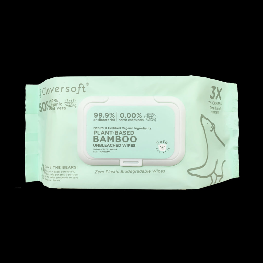 Cloversoft 100% Antibacterial Unbleached Bamboo Organic Wipes (100 Sheets) - Exp 04/28